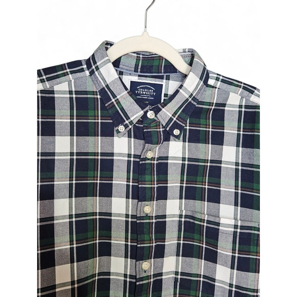 Charles Tyrwhitt Button Down Shirt Men XL Green Blue Plaid Heavy Cotton Slim Fit